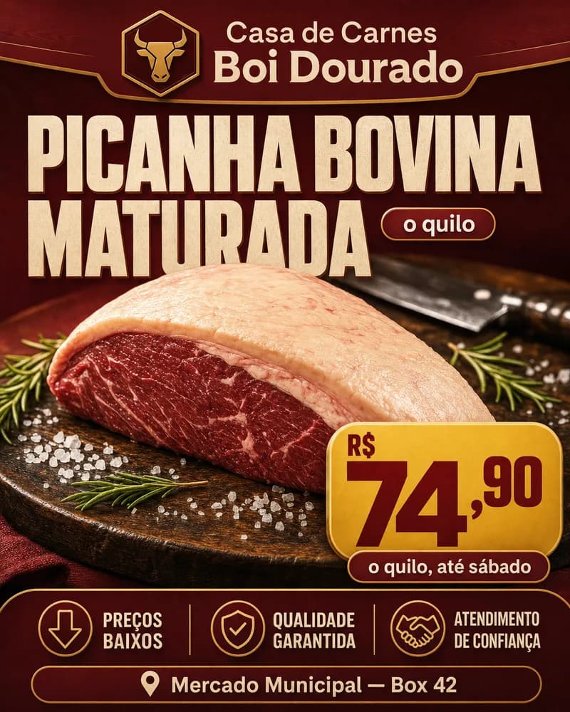 Peça de oferta de uma casa de carnes: picanha bovina maturada por R$ 74,90 o quilo.