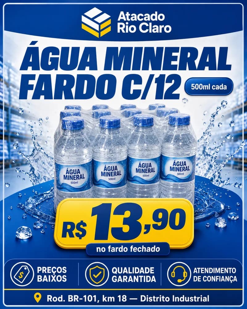 Peça de oferta de um atacado: fardo com 12 águas minerais de 500ml por R$ 13,90.