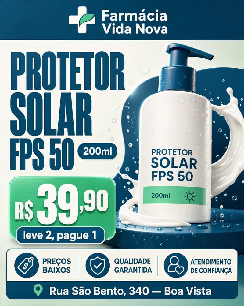 Peça de oferta de uma farmácia: protetor solar FPS 50 de 200ml por R$ 39,90, leve 2 pague 1.