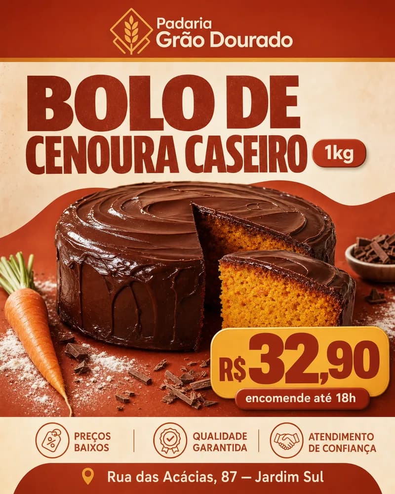 Peça de oferta de uma padaria: bolo de cenoura caseiro de 1kg por R$ 32,90.