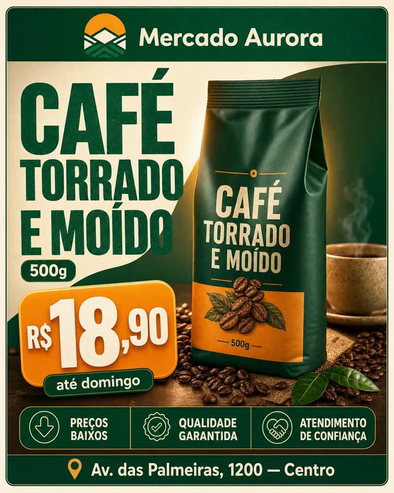 Peça de oferta de um supermercado: café torrado e moído 500g por R$ 18,90, com a logo e as cores da loja.